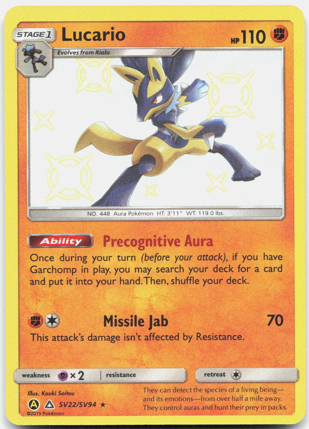 Lucario SV22/SV94 Shiny Rare Hidden Fates Shiny Vault Pokemon Holo Near Mint