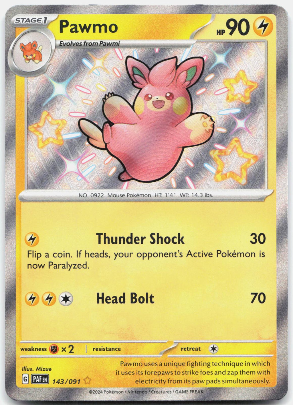 Pawmo 143/091 Shiny Rare Paldean Fates Pokemon Holo Near Mint