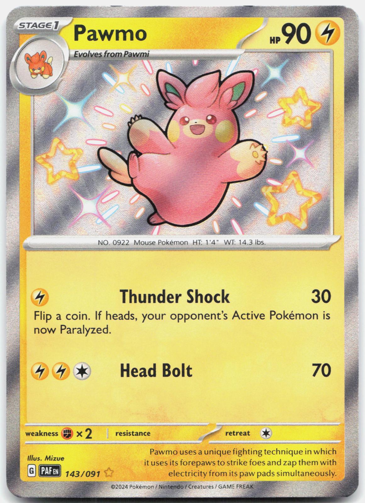 Pawmo 143/091 Shiny Rare Paldean Fates Pokemon Holo Near Mint