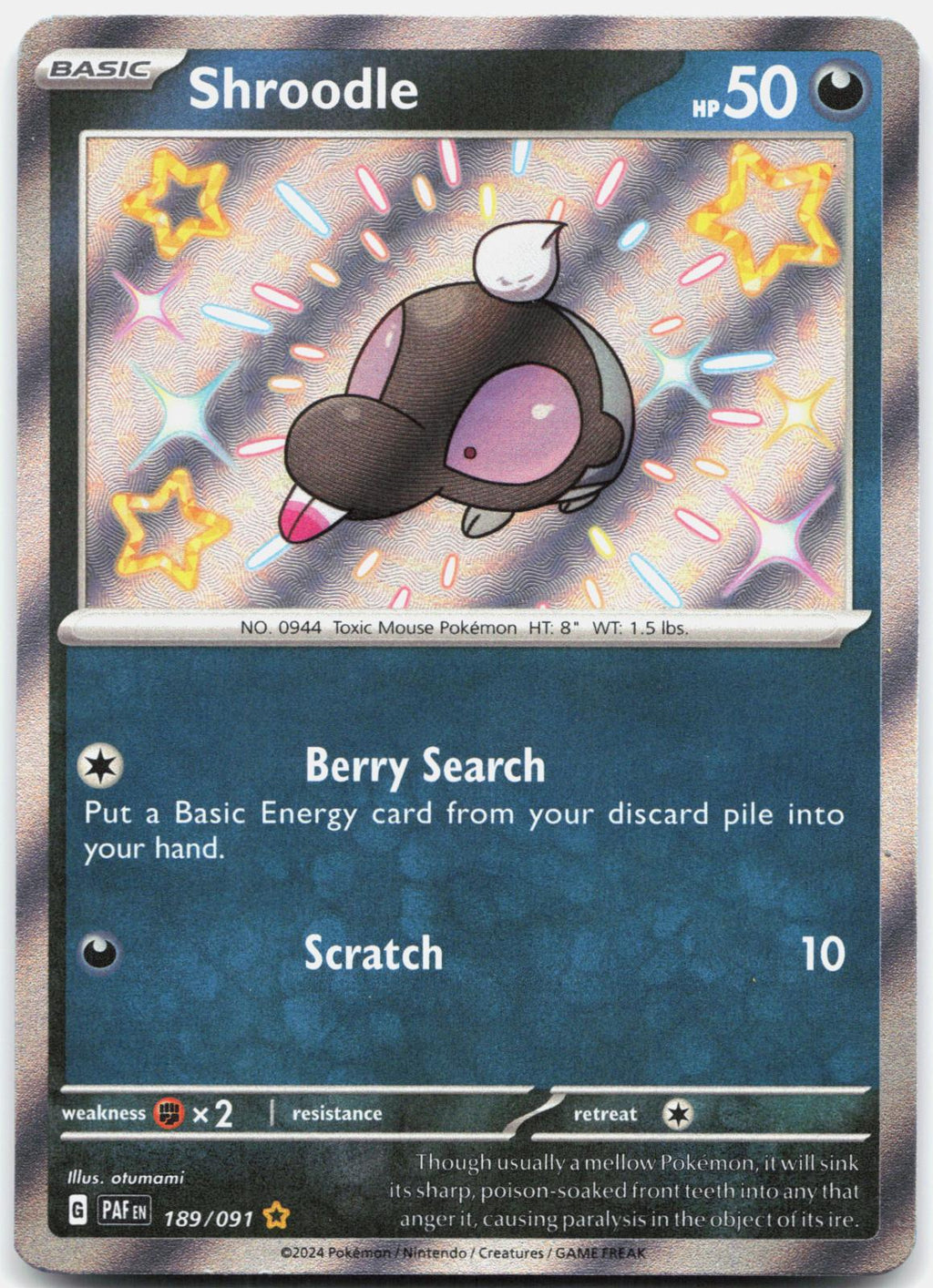 Shroodle 189/091 Shiny Rare Paldean Fates Pokemon Holo Near Mint
