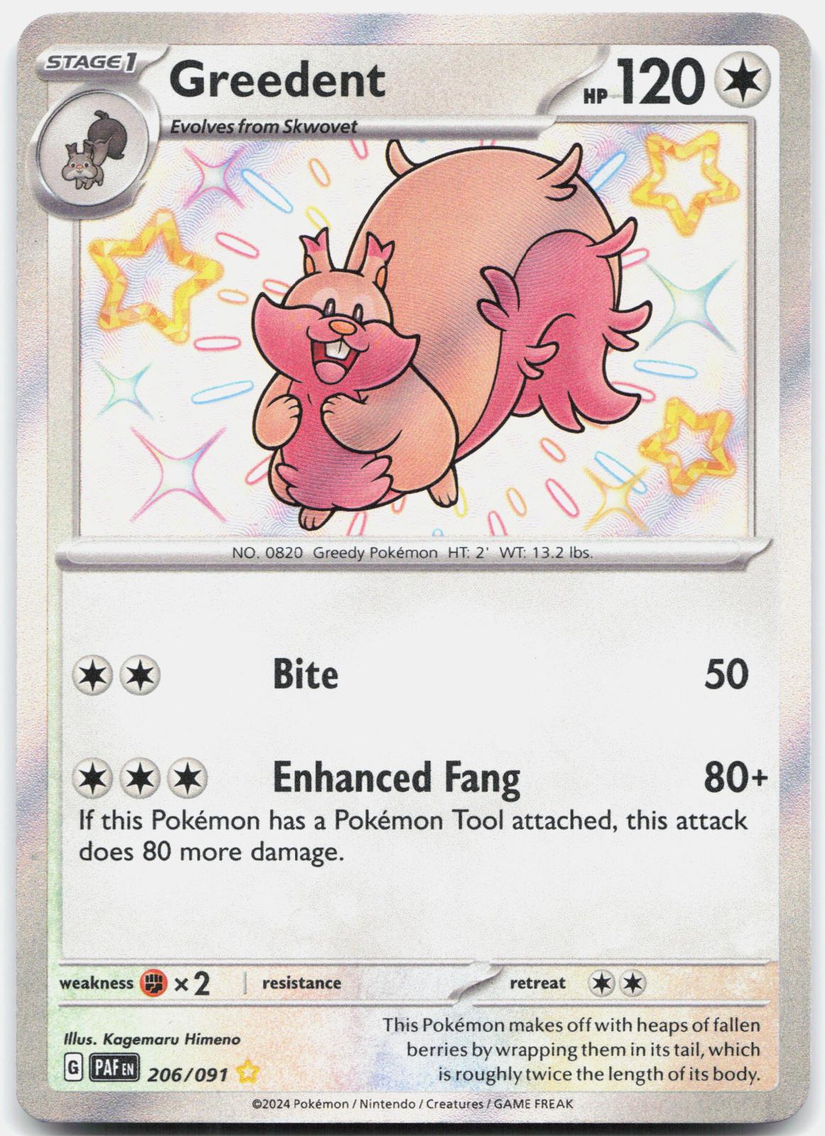 Greedent 206/091 Shiny Rare Paldean Fates Pokemon Holo Near Mint
