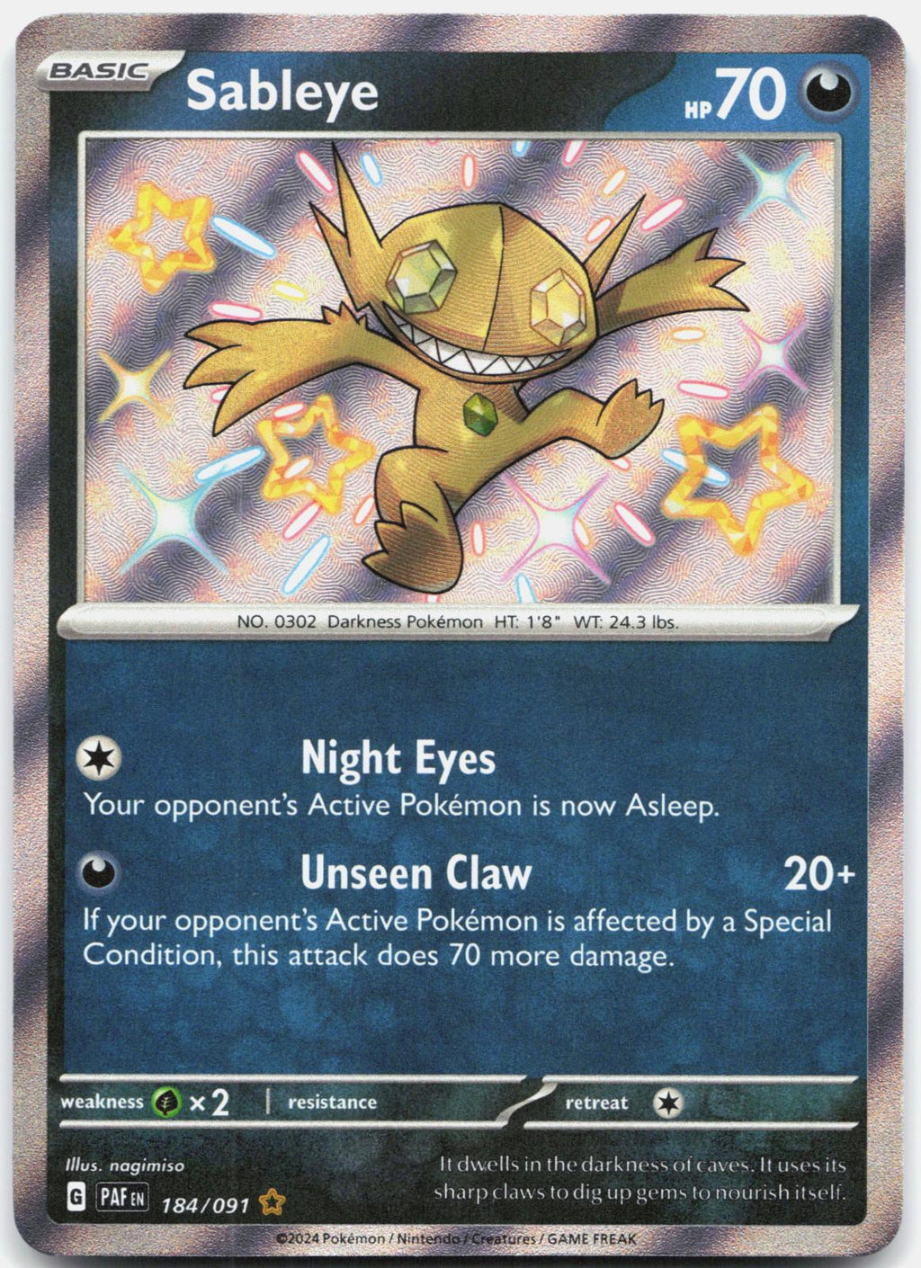 Sableye 184/091 Shiny Rare Paldean Fates Pokemon Holo Near Mint