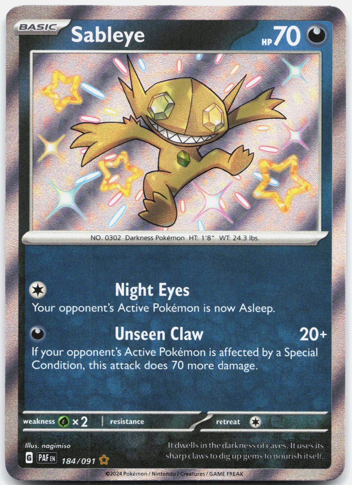 Sableye 184/091 Shiny Rare Paldean Fates Pokemon Holo Near Mint