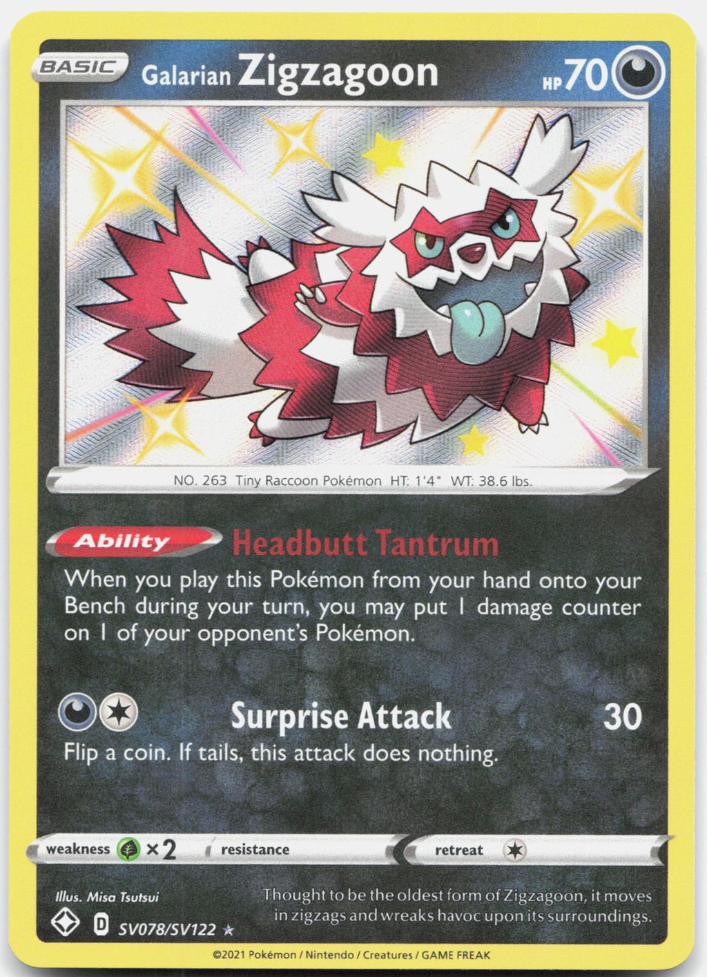 Galarian Zigzagoon SV078/SV122 Shining Fates Shiny Vault Pokemon Holo NM