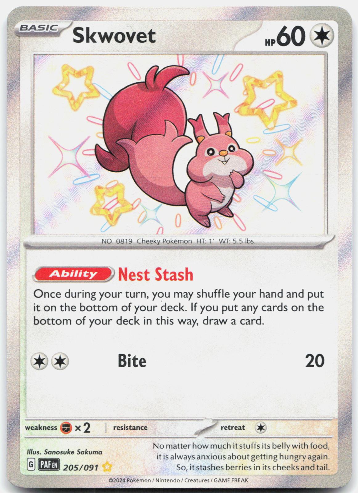 Skwovet 205/091 Shiny Rare Paldean Fates Pokemon Holo Near Mint