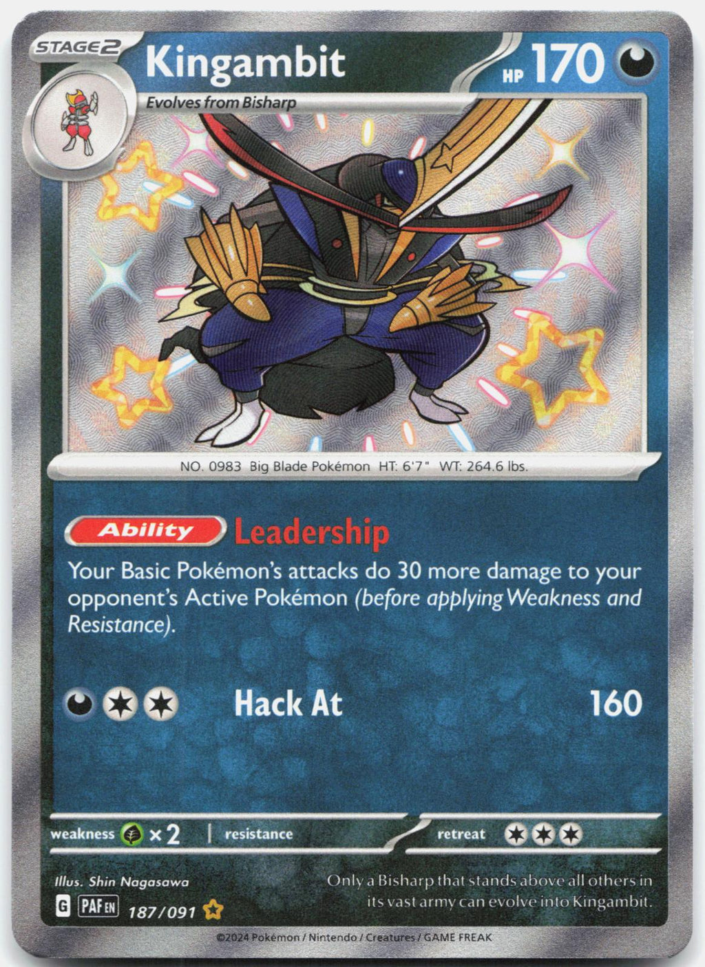 Kingambit 187/091 Shiny Rare Paldean Fates Pokemon Holo Near Mint