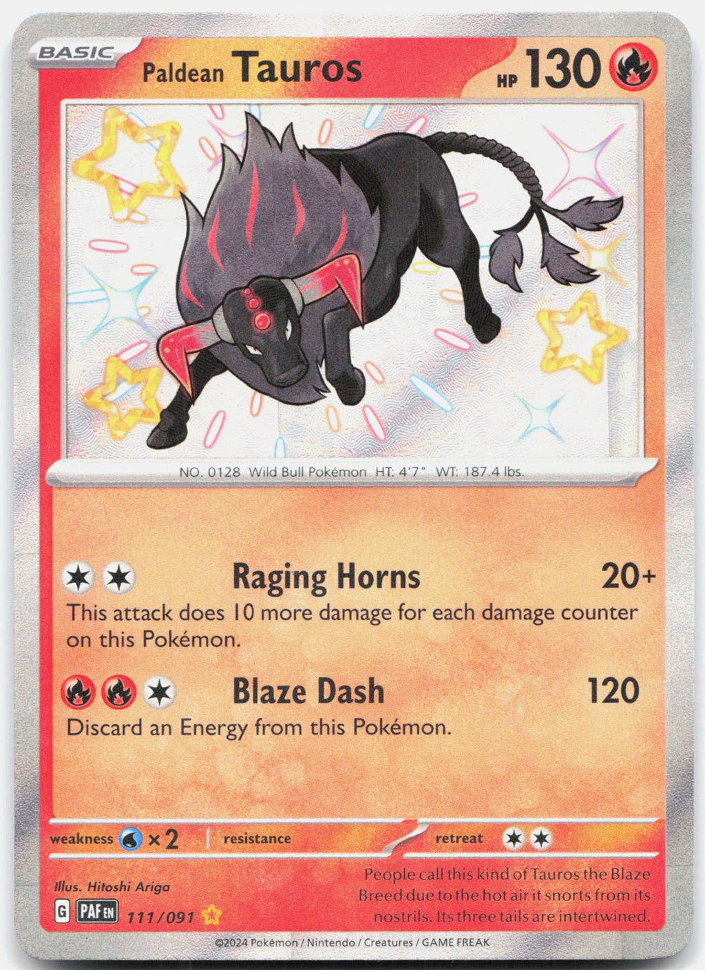 Paldean Tauros 111/091 Shiny Rare Paldean Fates Pokemon Holo Near Mint