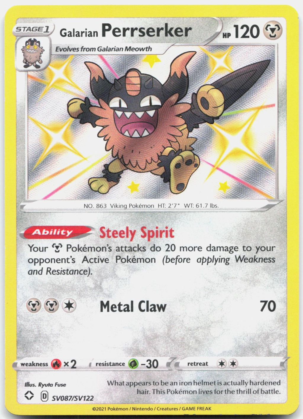 Galarian Perrserker SV087/SV122 Shining Fates Shiny Vault Pokemon Holo NM