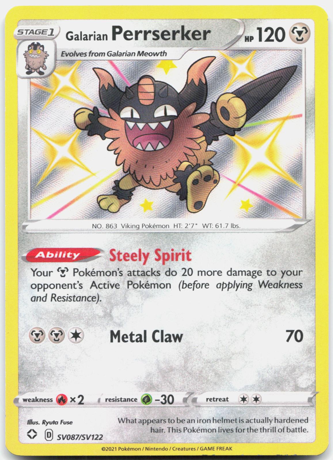 Galarian Perrserker SV087/SV122 Shining Fates Shiny Vault Pokemon Holo NM
