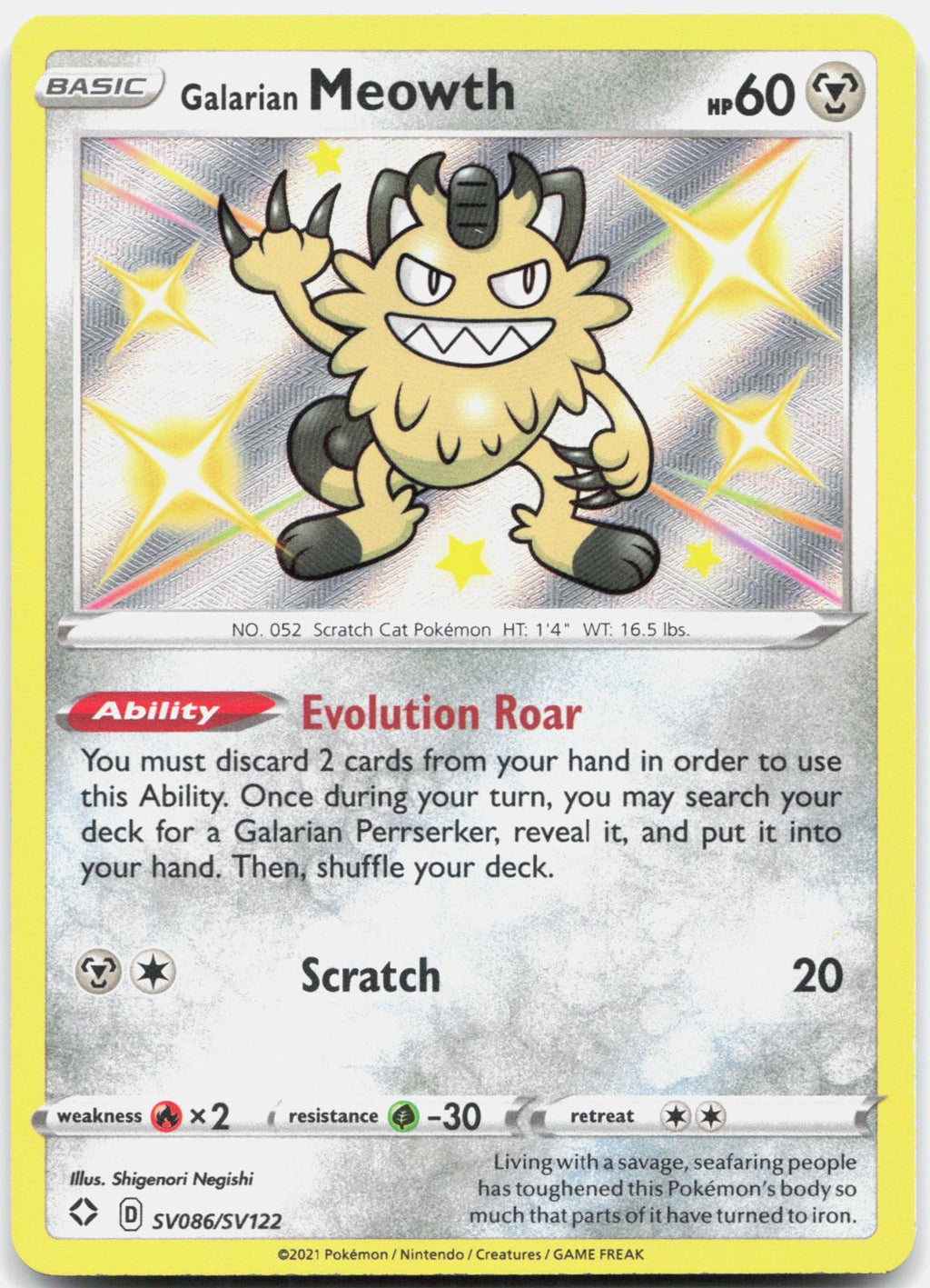Galarian Meowth SV086/SV122 Shiny Rare Shining Fates Shiny Vault Pokemon Holo NM