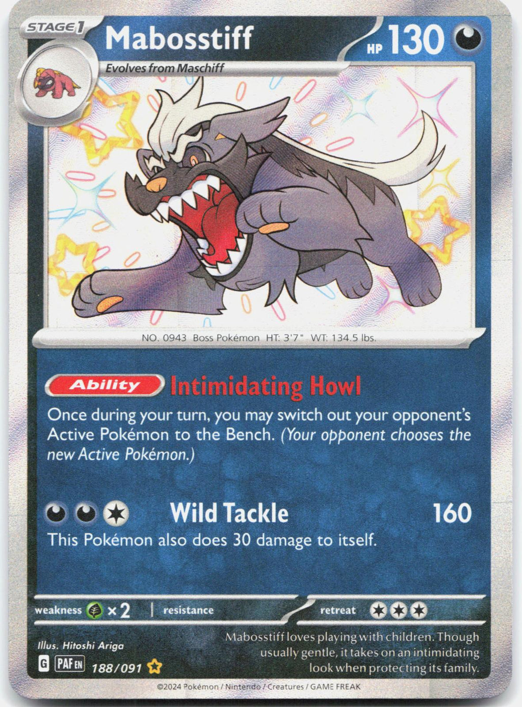 Mabosstiff 188/091 Shiny Rare Paldean Fates Pokemon Holo Near Mint