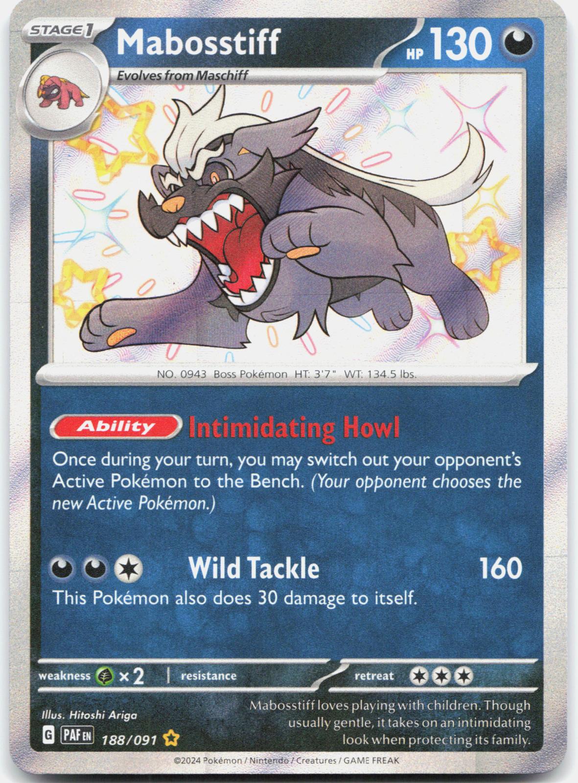 Mabosstiff 188/091 Shiny Rare Paldean Fates Pokemon Holo Near Mint