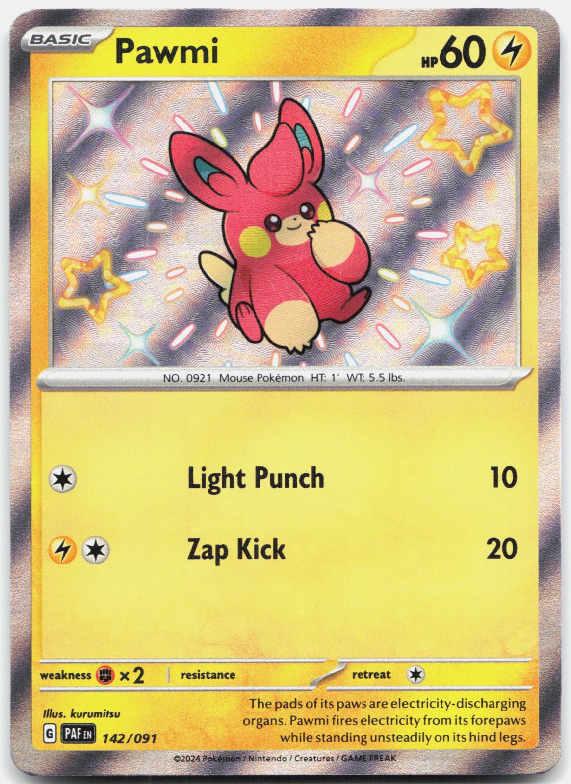 Pawmi 142/091 Shiny Rare Paldean Fates Pokemon Holo Near Mint